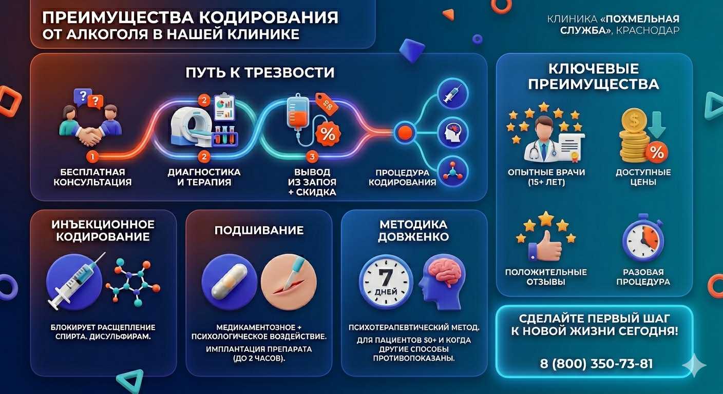 Инфографика о методах кодирования от алкоголя в Игре: инъекции, подшивание, метод Довженко. Преимущества клиники и этапы лечения.