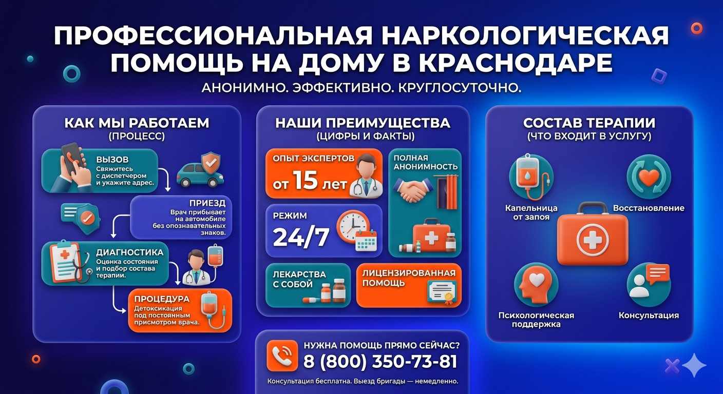 Инфографика о принципах лечения алкоголизма на дому в Игре: этапы вызова нарколога, преимущества анонимной детоксикации и состав медицинской помощи.